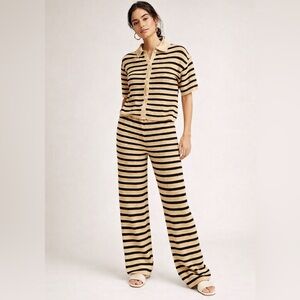 Striped Button-Front Knit Polo Set in Beige and Black